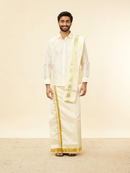 Manyavar - Mens Cream Art Silk Solid Shirt Veshti (Set of 2)