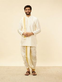 Manyavar - Mens Cream Art Silk Solid Kurta Pancha (Set of 3)