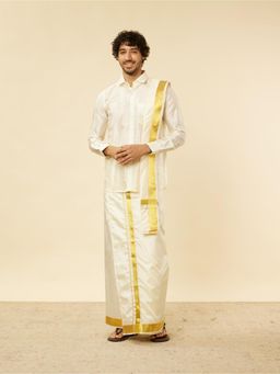 Manyavar - Mens Cream Silk Solid Shirt Veshti (Set of 2)