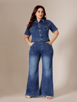 Miss Chase - A+ Curve Collection Plus Size Women's Navy Blue Regular Denim Jumpsuit