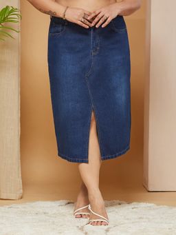 Miss Chase - A+ Curve Collection Plus Size Women's Navy Blue Clean-Look Denim Skirt