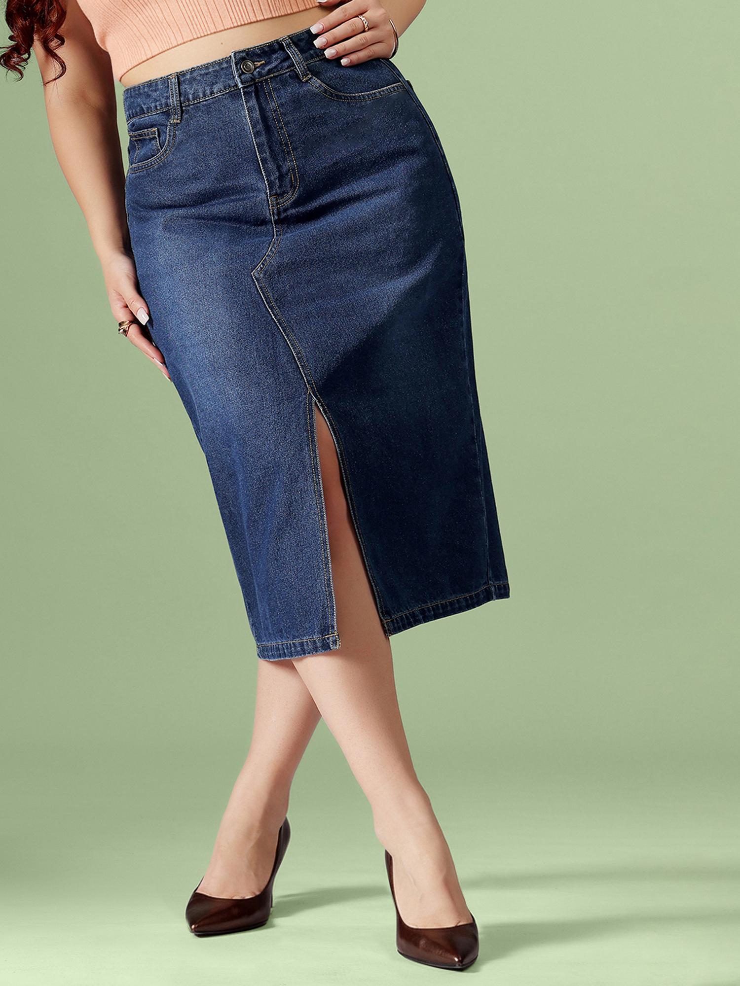 miss chase A+ Curve Collection Plus Size Women's Navy Blue Denim Midi Skirt-picture-43
