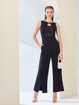 Miss Chase - Women'S Black Embellished Panelled Regular Jumpsuit
