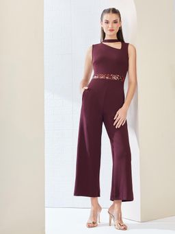 Miss Chase - Women'S Wine Collared Sleeveless Solid Asymmetric Neck Cut-Out Jumpsuit