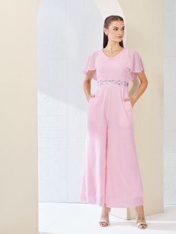 Miss Chase - Women'S Light Pink Georgette V-Neck Cape Solid Layered Regular Jumpsuit