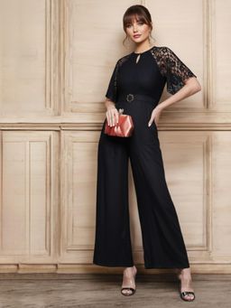 Miss Chase - Women'S Black Round Neck Flared Sleeve Floral Raglan Regular Jumpsuit