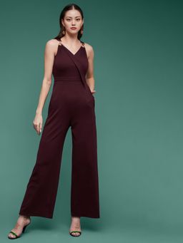 Miss Chase - Women'S Wine V-Neck Sleeveless Solid Wrap Regular Jumpsuit