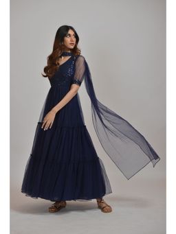 Label Rishmaan - Midnight Navy Blue Dress with Dupatta (Set of 2)