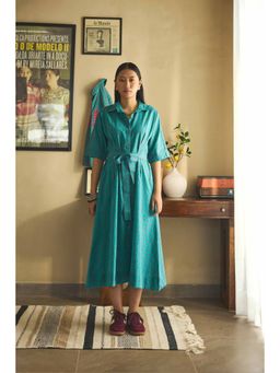 Prakriti Jaipur - Green Blue Midi Dress with Belt (Set of 2)