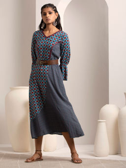 Indya - Earthen Blue Ajrakh Printed Belted A-line Dress