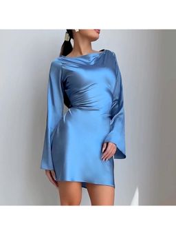 PARTIQ - Blue Solid Full Sleeves Mini Dress