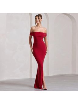 PARTIQ - Red Solid Half Sleeves Maxi Dress