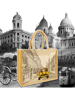 Earth Bags - City Of Joy Jute Kolkata Taxi Tales Tote Bag