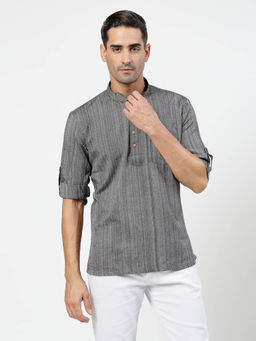 Mohanlal Sons - Grey Striped Band Collar Pure Cotton Short Kurta