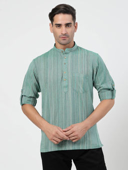 Mohanlal Sons - Green Striped Band Collar Pure Cotton Short Kurta