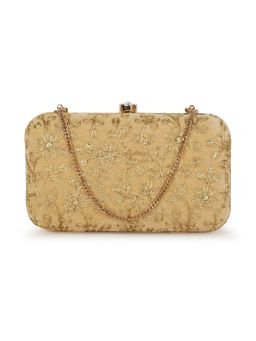 Anekaant - Hue Beige and Gold Floral Embroidered Velvet Clutch