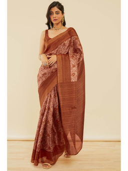Soch - Women's Earth Floral Print Art Silk Saree with Unstitched Blouse