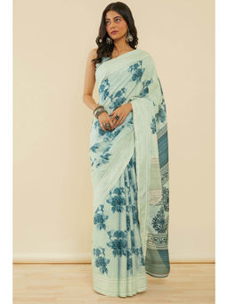 Soch - Women's Light Green Floral Print Art Silk Saree with Unstitched Blouse