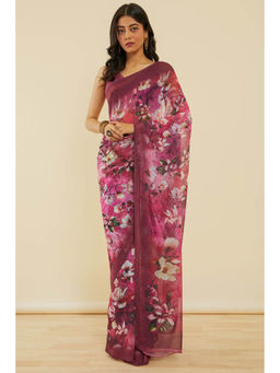 Soch - Women's Fuchsia Floral Print Georgette Saree with Unstitched Blouse