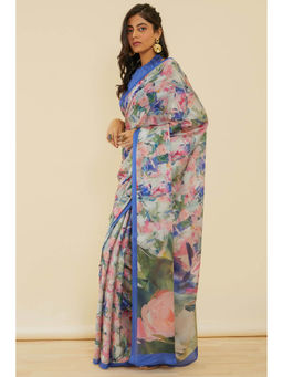 Soch - Women's Blue Floral Print Crepe Saree with Unstitched Blouse
