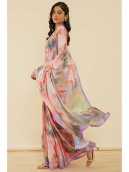 Soch - Women's Lavender Print Crepe Saree with Unstitched Blouse