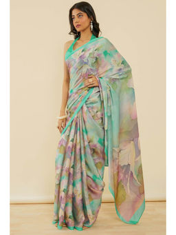 Soch - Women's Light Green Floral Print Crepe Saree with Unstitched Blouse