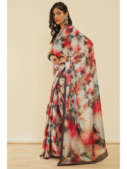 Soch - Women's Charcoal Floral Print Crepe Saree with Unstitched Blouse