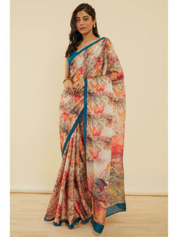 Soch - Women's Teal Floral Print Crepe Saree with Unstitched Blouse