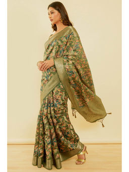 Soch - Women's Olive Ethnic Motifs Print Jacquard Chanderi Saree with Unstitched Blouse