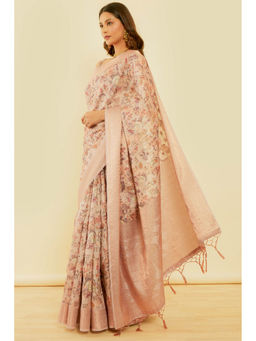 Soch - Women's Peach Chanderi Madhubani Print Jacquard Saree with Unstitched Blouse