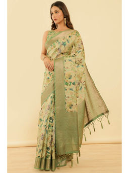 Soch - Women's Light Green Floral Print Chanderi Jacquard Saree with Unstitched Blouse
