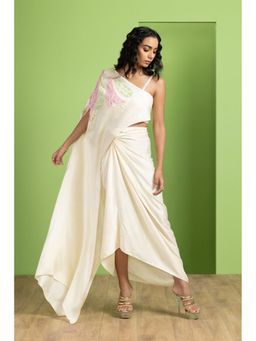 BAHAARA BY DIVYA NARULA - Ivory Asymmetrical One Shoulder Cape With Padded Bustier And Skirt Set
