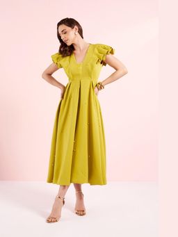 BAHAARA BY DIVYA NARULA - Yellow Mary Pleated Sleeves Balloon Dress