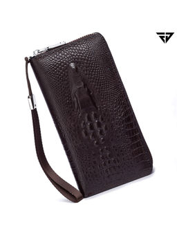 FUR JADEN - Brown Crocodile Textured Leather Long Wallet with Zip Pocket, Card Holders & Phone Pocket