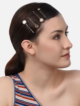 Zaveri Pearls - Gold Tone Set of 4 Contemporary Pearls Bobby Hair Pins ZPFK10560