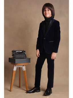 One Friday - Boys Navy Blue Velvet Blazer & Trouser (Set of 2)