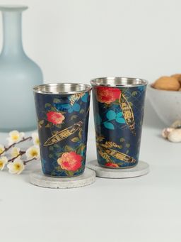 India Circus by Krsnaa Mehta - Blue Floral Lake Inception Steel Tumbler (Set of 2)