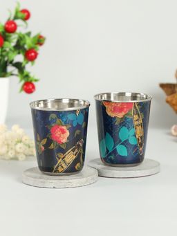 India Circus by Krsnaa Mehta - Blue Floral Lake Inception Small Steel Tumbler (Set of 2)