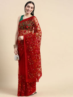 Kasee - Floral Embroidered Net Saree with Unstitched Blouse
