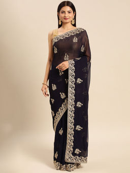 Kasee - Floral Embroidered Net Saree with Unstitched Blouse
