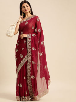 Kasee - Floral Embroidered Net Saree with Unstitched Blouse