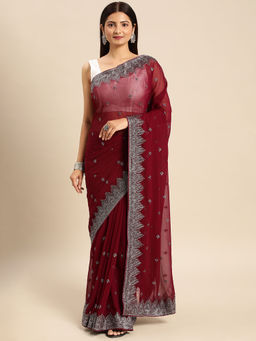 Kasee - Embellished Beads and Stones Pure Georgette Saree with Unstitched Blouse