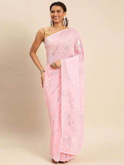Kasee - Embellished Striped Sequined Pure Georgette Saree with Unstitched Blouse