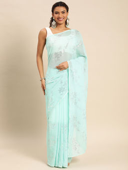 Kasee - Embellished Striped Sequined Pure Georgette Saree with Unstitched Blouse