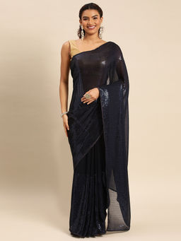 Kasee - Embroidered Striped Sequined Pure Georgette Saree with Unstitched Blouse
