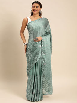 Kasee - Embroidered Striped Sequined Satin Saree with Unstitched Blouse