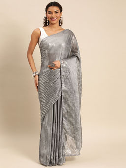 Kasee - Embroidered Striped Sequined Satin Saree with Unstitched Blouse