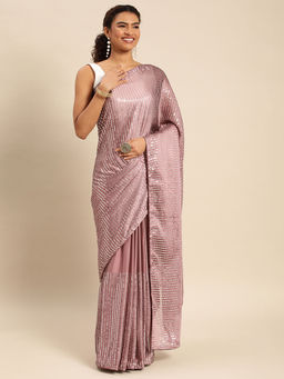 Kasee - Embroidered Striped Sequined Satin Saree with Unstitched Blouse