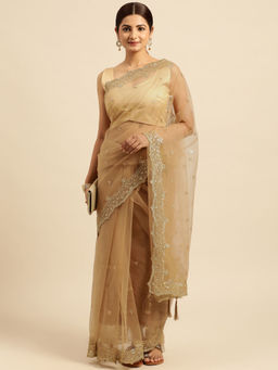 Kasee - Ethnic Motifs Embroidered Sequined Net Saree with Unstitched Blouse