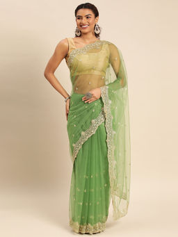 Kasee - Ethnic Motifs Embroidered Sequined Net Saree with Unstitched Blouse